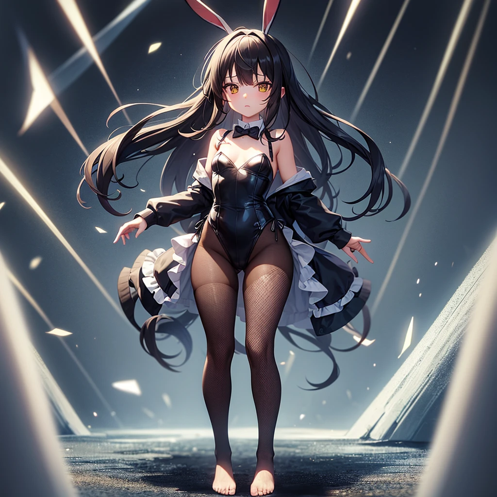 ((Bunny girl)),Dropped ears,(Fishnet tights),(barefoot),Cute little ,Tiny ,Small girl,,Childish face, Very fine clean face,Top quality,Black Hair,(Dark Room), Subtle light, Natural light,Soft lighting,Light from directly behind, (Are standing),With bust up,Front view,Black background