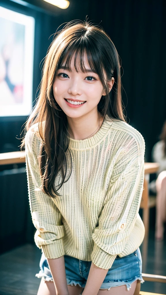 masterpiece, Highest quality, Highest quality, beautiful girl, Cute face, RAW Photos, (((Summer Sweater), Shorts)), Staring at the audience, Dynamic Lighting, Cinema Lighting, Face Light, Film Grain, chromatic aberration, Sharp focus, (((Secret conversation with viewers))), Happy smile, Please be embarrassed, Show me your little teeth, Upward glance, Portrait