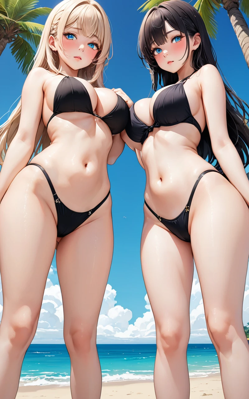 Highest quality、super high quality、16K, Multiple female models、Delicious big breasts、The expression is shy、 Clothes: T-back、The location is the beach、 Palm tree、cloud、The pose is standing with the buttocks facing forward.、 Hair color is random、Hair length is long、Angle is from the front、Close-up shot of the subject、Small face、Very delicate facial expressions、Delicate eye depiction、Highly detailed hair、Erotic、18-year-old female、Glowing Skin、Soft Skin、Sexy ass、Lower Body、2 women