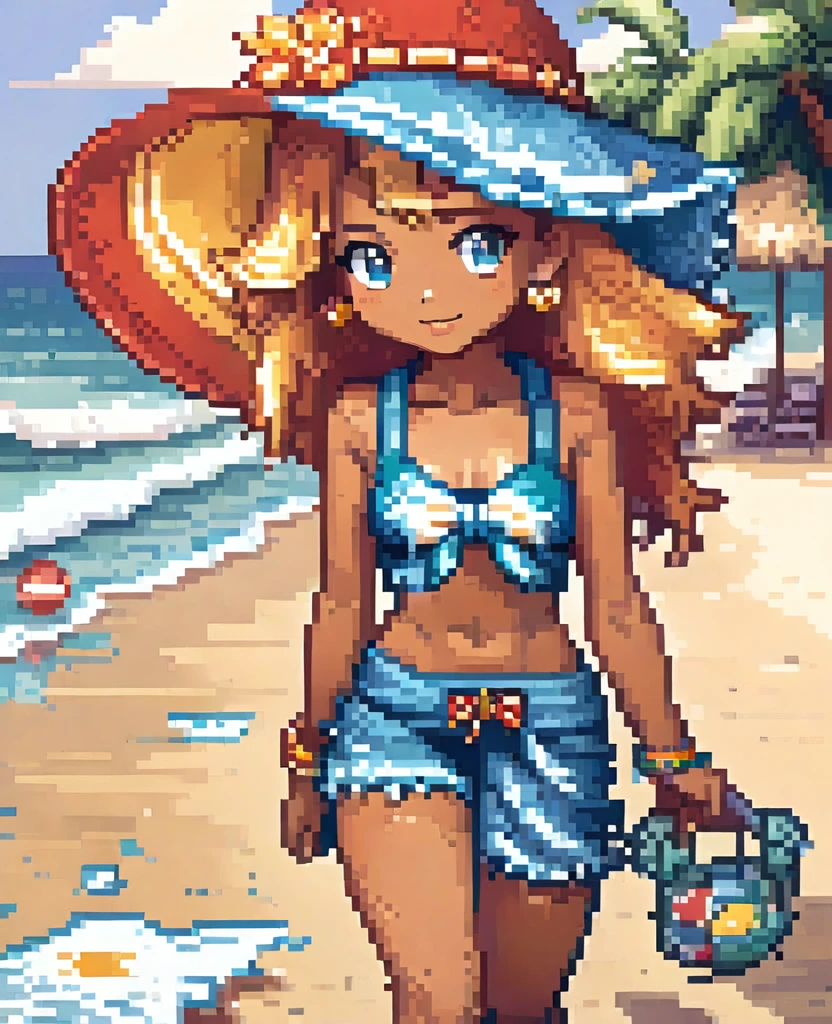 Create a fire red pokemon style pixel of a beach trainer Marina has long wavy hair, golden blonde, reflecting the beach sun. His eyes are a deep blue, like the ocean. She wears a blue sports bikini with white details, accompanied by a light and colorful sarong tied at the hip. He usually wears beach sandals and a wide-brimmed hat to protect himself from the sun.. On his left wrist, She wears a seashell bracelet that she collected herself..