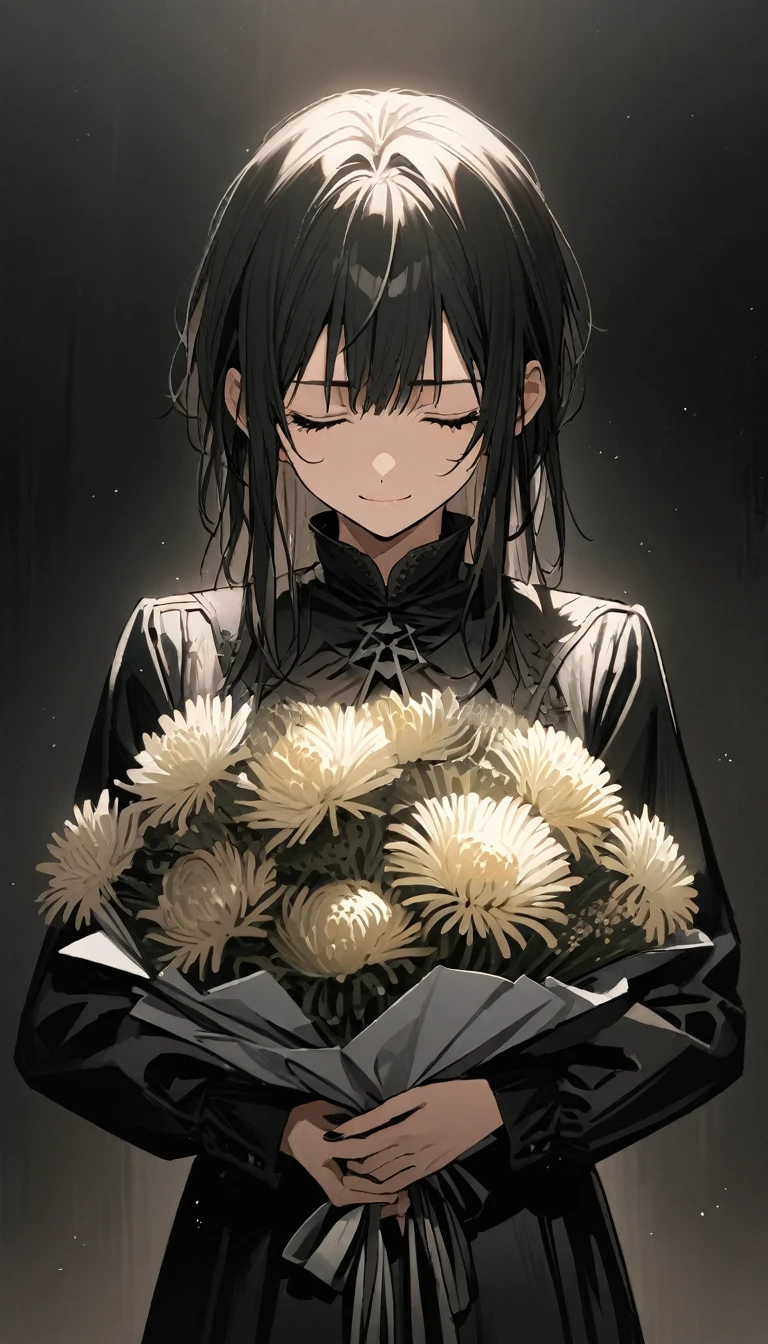 (masterpiece)、(absurdres)、(ultra detailed)、The Kindaichi Case Files、独奏,from front,Hajime Kindaichi、Anime illustration、Mourning clothes、cowboy shot,smile,Sad tears:1.2,closed eyes,holding a large bouquet of chrysanthemums、soft lighting,Asahi、white background,