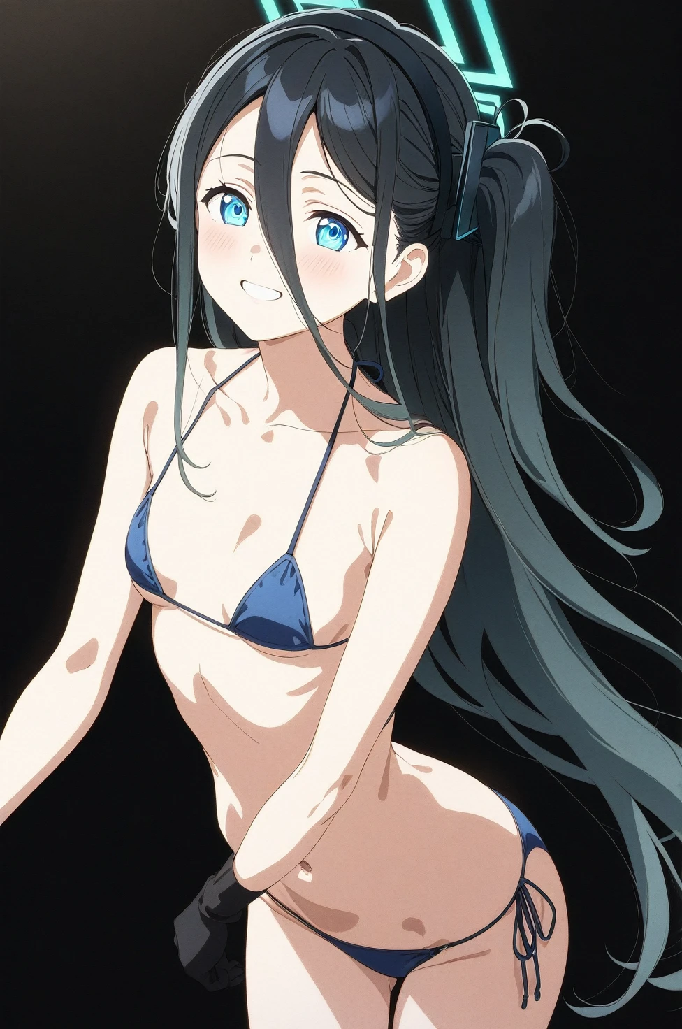 best quality, amazing quality, very aesthetic, absurdres, (1girl, aris, blue archive, solo, blue eyes), (realistic face:0.9),(string bikini:1.8), (grin, blush, thigh:1.3), (cowboy shot), (glowing eyes), (half closed eyes:0.9), (ass), (official art:1.3), (pool), expressive eyes, perfect face, extremely detailed eyes, perfect anatomy, smooth skin, (black background:1.5), clear eyes, beautiful face, small breasts, (anime style:1.7), (Warm Light:1.5), (highres:2), (Chiaroscuro),