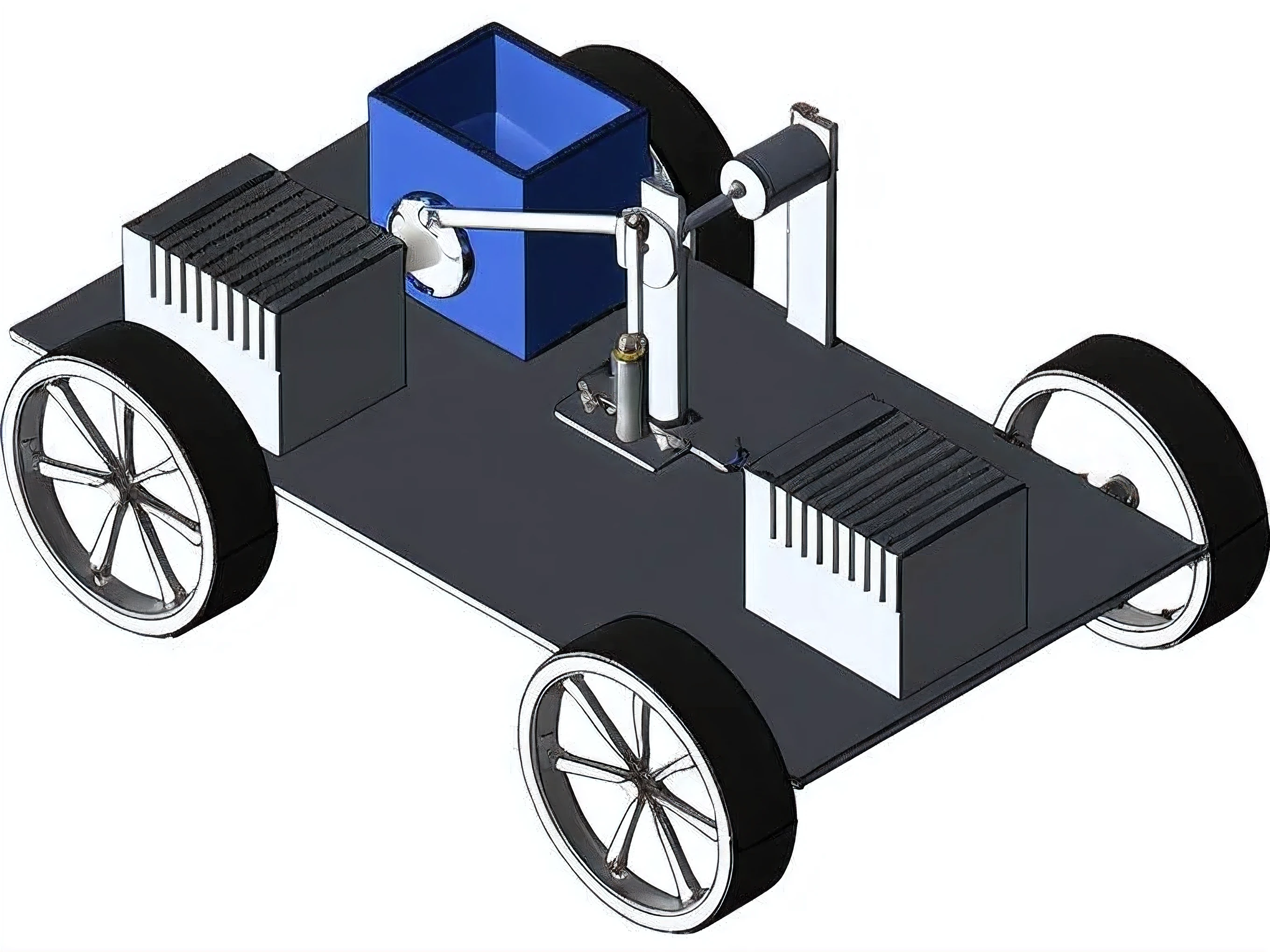 4 wheel vehicle , which contains arduino uno and seed driller under the vehicle which touches the geound and small water tanker which is on the vehicle and driller is bottom middle of a vehicle and behind the driller, there is a small rounded pipe to throw seed and water, which is just attached behind the driller , there is a iron plate to cover the seed, which is just behind the pipe, a seed storage and broadcaster on the middle of a vehicle, pipe is connected to the water storage and sead storage broadcaster to pass seeds and water.