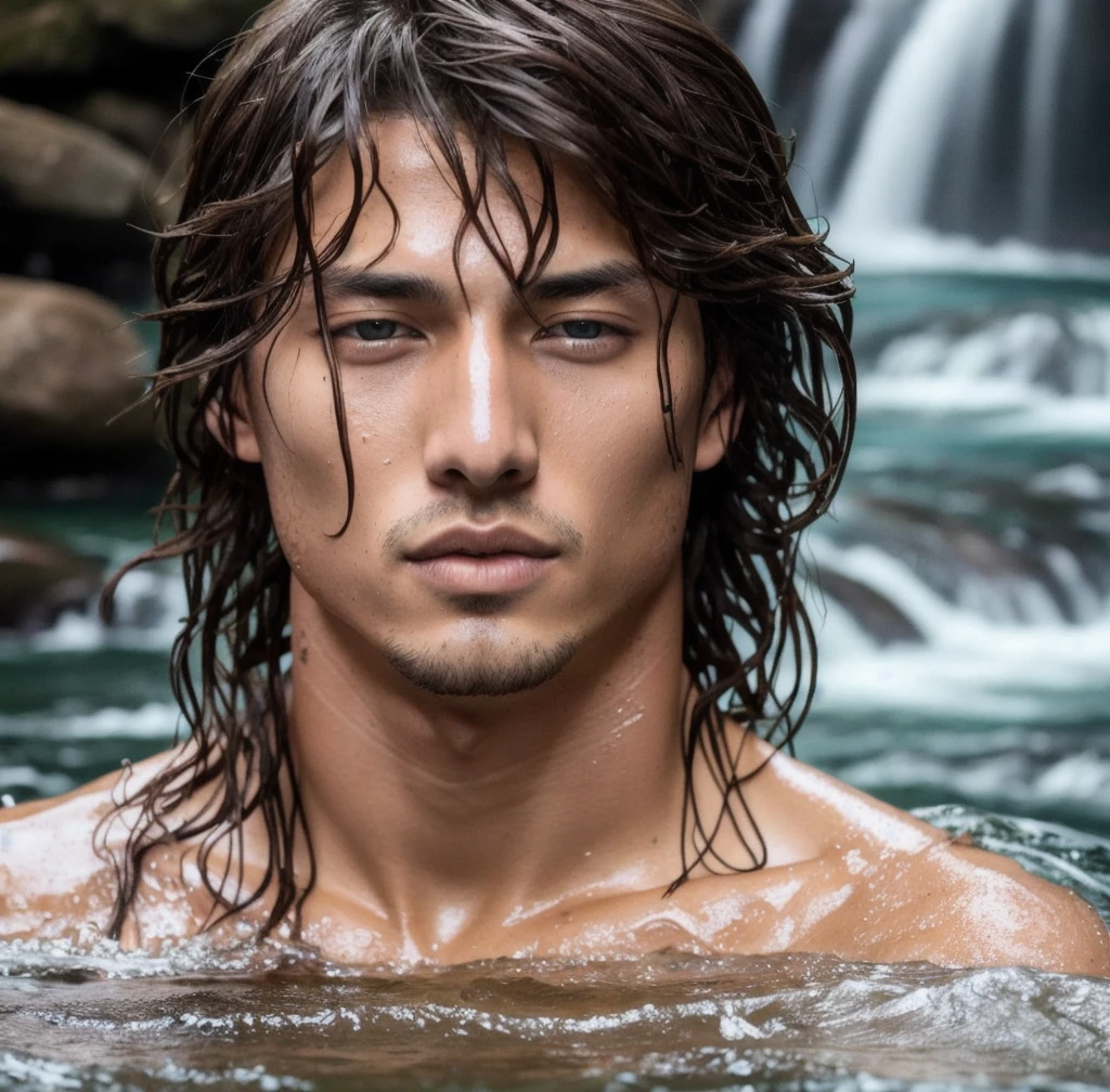 Close-up Mi Joon, brown hair, bathing in a waterfall. Perfect skin. Blue eyes, raw photo, wet hair. Real skin. Sexy look. Natural light. Very detailed face. Photorealistic, hyperdetailed, high quality, 8k
