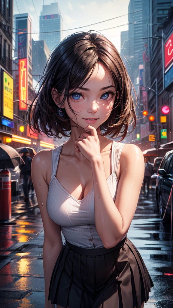 (RAW Photos, 最high quality), (Realistic, photoRealistic: 1.2), (Round face: 1), 1 Girl,(Very delicate and beautiful face), (Beautiful eyes in every detail),(Skin with attention to detail: 1.2), smile, clavicle, water, Straight brown black hair, Pure black pleated skirt, Soft lighting, high quality, Cityscape, Skyline, night, rain, Wet, Professional Lighting, Photon Mapping, Radio City, Physically Based Rendering,