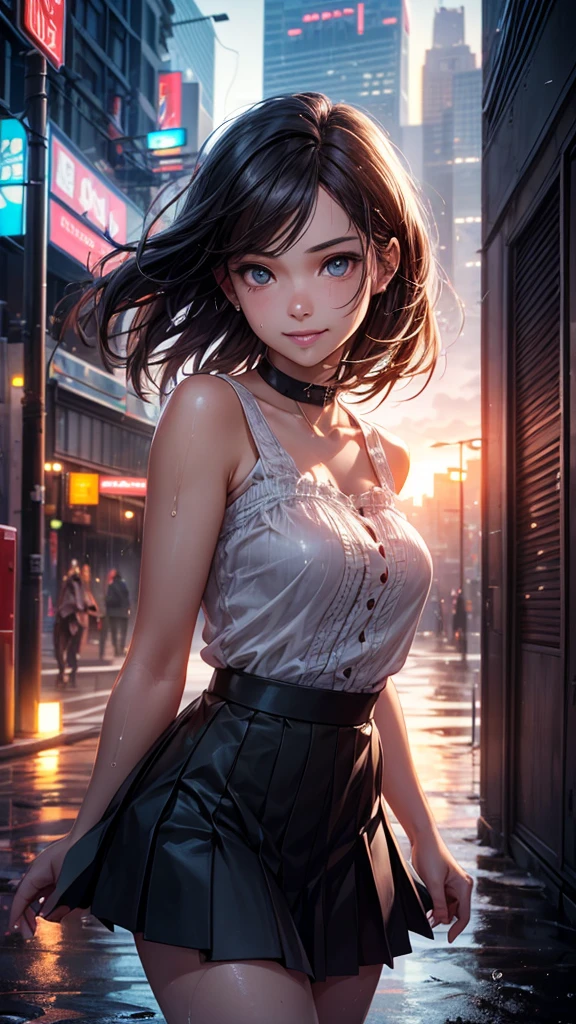(RAW Photos, 最high quality), (Realistic, photoRealistic: 1.2), (Round face: 1), 1 Girl,(Very delicate and beautiful face), (Beautiful eyes in every detail),(Skin with attention to detail: 1.2), smile, clavicle, water, Straight brown black hair, Pure black pleated skirt, Soft lighting, high quality, Cityscape, Skyline, night, rain, Wet, Professional Lighting, Photon Mapping, Radio City, Physically Based Rendering,