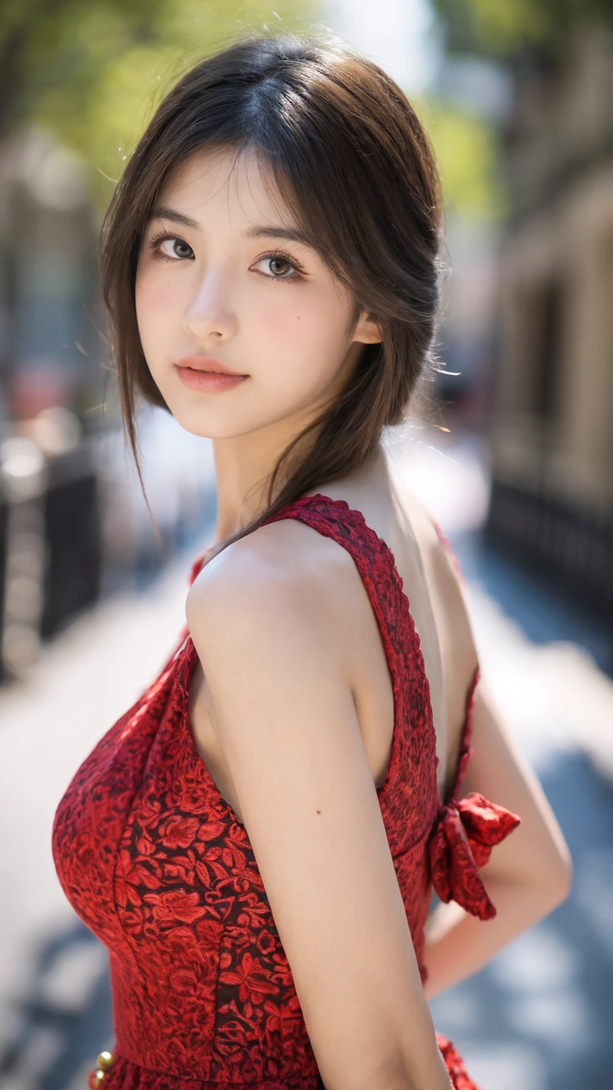((Best quality, 8K, masterpiece:1.3))，1girl，18 years old，Asian，Real texture:1.3，(Background blur:1.1)，Dress Up，Tall and slender figure:1.2，(Hot summer weather)，（street:1.3），Highly detailed face and skin textures，Exquisite eyes，Long eyelashes，Double eyelids，Skin Whitening，happy，Various postures，Big breasts