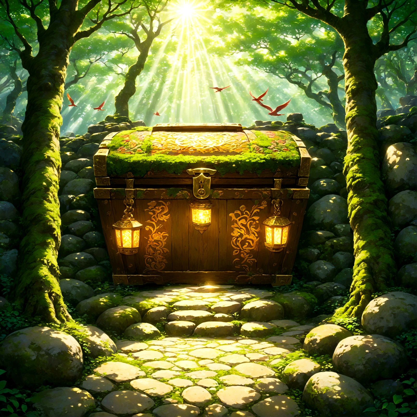Beautiful game world,Fantasy,Furai no Shiren,shrine,Hidden Room,First Person View,bright,Warm Light,Sunlight filtering through the trees,fresh air,Silence,Birds chirping,hope,peace,Cobblestone Street,Mossy wall,Beautiful patterned murals,Glowing Treasure Chest,Mysterious aura,Shiren's Point of View,A kind smile
