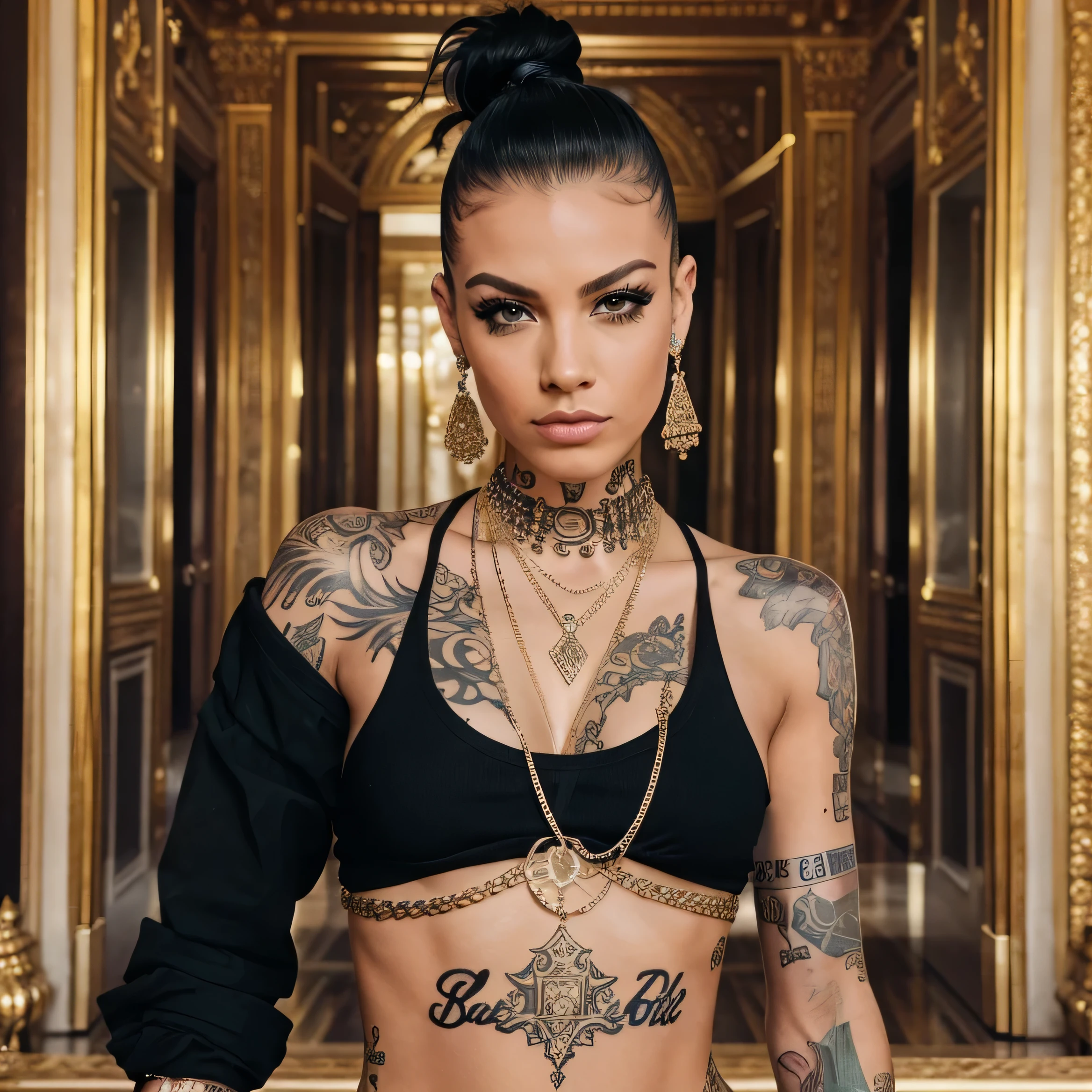 a punk girl with bling bling and tattoos in a palace, ((best quality)), ((head of&#39;artwork)), (detailed), 1fille noireaude type colombienne, nice medium sized breasts, in a luxury hotel
