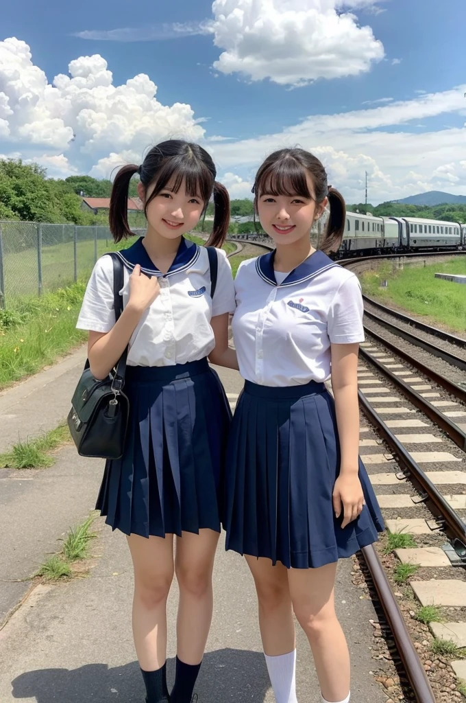 2 girls in rural railway station,Japanese train on far side,cumulonimbus cloud in summer sky,short-sleeved white shirt with sailor collar,navy blue pleated skirt,school bag,18-year-old,bangs,a little smile,thighs,knees,short hair with low pigtails bunches,from beside,front light