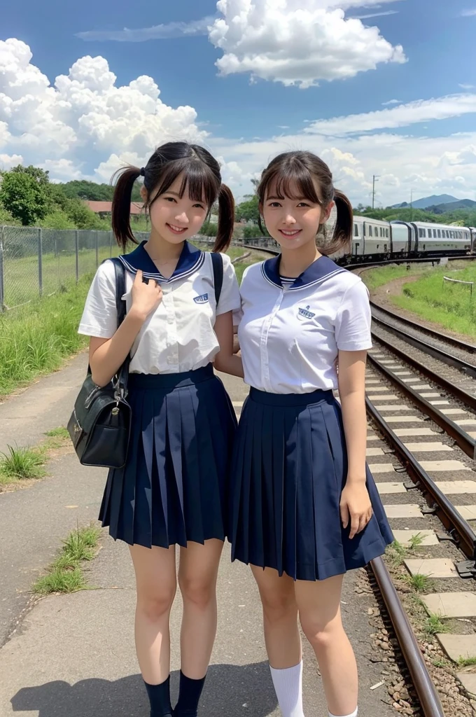 girls in rural railway station,train on far side,cumulonimbus cloud in summer sky,short-sleeved white shirt with sailor collar,navy blue pleated skirt,school bag,18-year-old,bangs,a little smile,thighs,knees,short hair with low pigtails bunches,from beside,front light