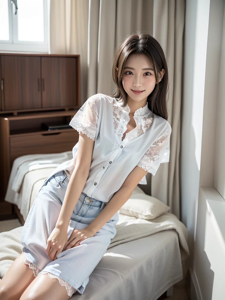 (Highest quality:1.9)、(High resolution)、Live-action image quality、((19 year old female university student、1 person))、Soft lighting by a professional photographer、Natural light、((Very spacious white luxurious room:1.6))、((Bright white room:1.6))、(Standing in front of a very luxurious white bed:1.2)、(White bookshelf background:1.1)、Natural soft light、((Black Hair Color:1.1))、Fair skin、Detailed Eyes、double eyelid、Slightly puffy cheeks、((Small Face:1.0))、((White lace short sleeve shirt、Please wear it with the chest open.:1.7))、((White checked skirt:1.2))、(Cute Smile)、((Girly pose 1.8))、((Straight medium-long hair:1.1))、((Full Body Shot:1.2))、((Height: 145cm))、Hands in front、Hold hands between legs、bangs、