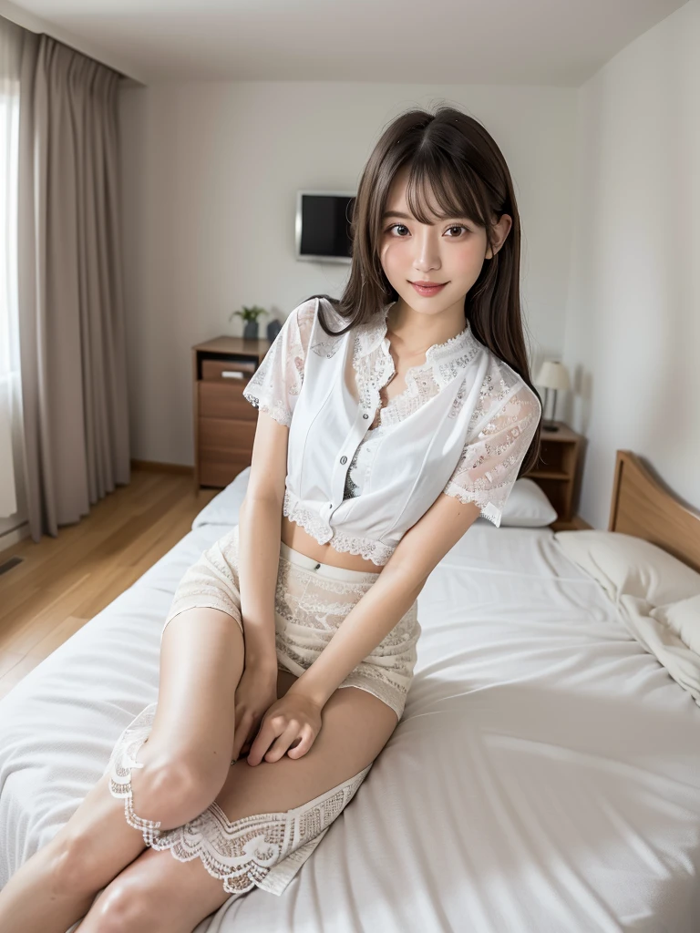 8k,Japanese,6 years old,innocent face,teenage girl,cute,summer clothes,everyday wear,sitting,black hair,on the bed,coastline,hair clip,night view,starry sky