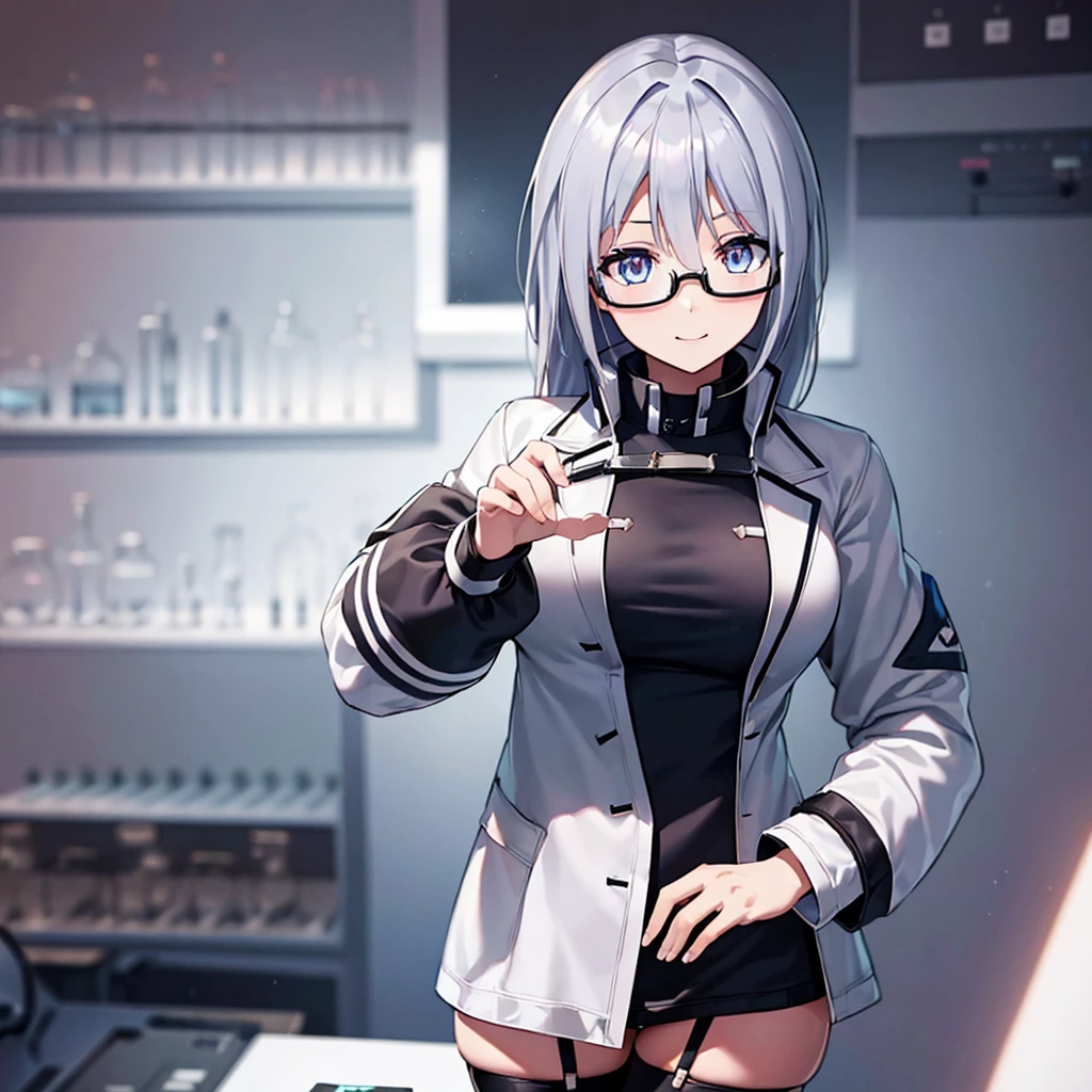 Ether_About,solo,long、(black thighhighs:1.3),1girl in,looking at the viewers, BREAK (masutepiece:1.2), Best Quality, High resolution, Unity 8k Wallpaper, (Illustration:0.8), (Beautiful detailed eyes:1.6), extra detailed face, Perfect Lighting, extremely details CG, (Perfect hands, Perfect Anatomy)、A smile、cowboy  shot、is standing、(Manteau blanc:1.5)、(eye glass:1.3)、(White Coat of Doctor:1.3)、(Scientist's lab coat:1.3)