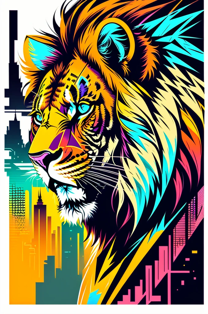 Ready to print vector t-shirt art colorful graffiti illustration of a lion, futuristic cyberpunk city background, realistic image style, image on white background, centralized