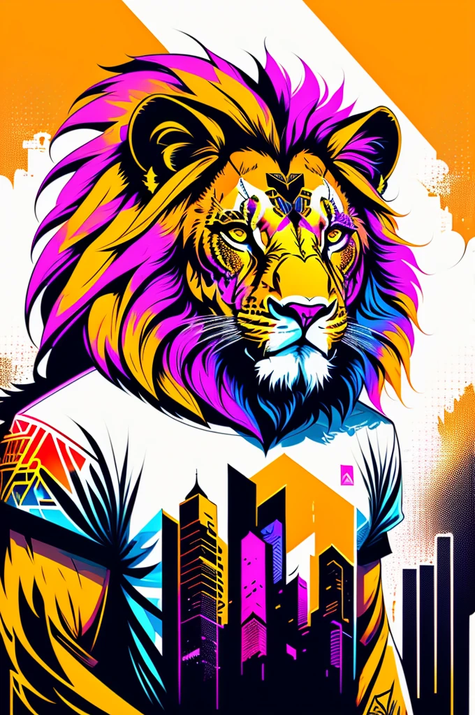 Ready to print vector t-shirt art colorful graffiti illustration of a lion, futuristic cyberpunk city background, realistic image style, image on white background, centralized