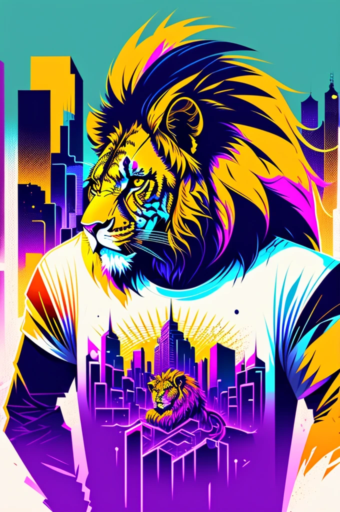 Ready to print vector t-shirt art colorful graffiti illustration of a lion, futuristic cyberpunk city background, realistic image style, image on white background, centralized