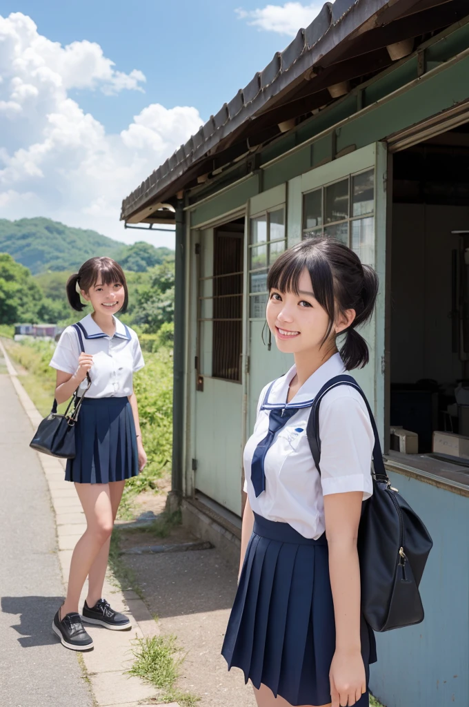 girls in rural railway station,Japanese train on far side,cumulonimbus cloud in summer sky,short-sleeved white shirt with sailor collar,navy blue pleated skirt,school bag,18-year-old,bangs,a little smile,thighs,knees,short hair with low pigtails bunches,from beside,front light