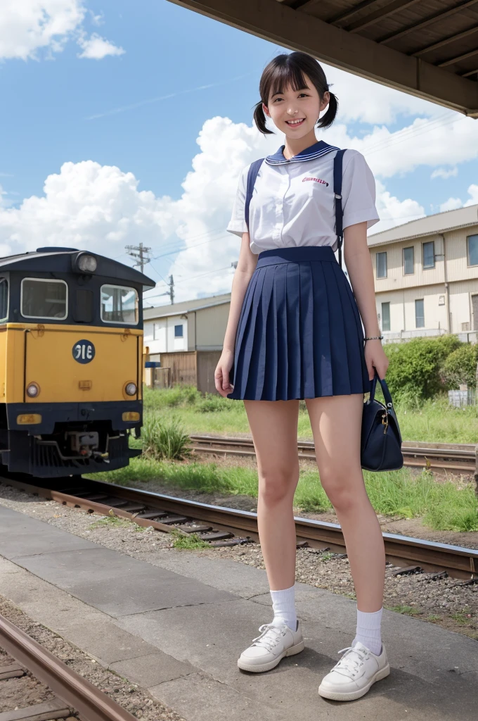 girls in rural railway station,Japanese train on far side,cumulonimbus cloud in summer sky,short-sleeved white shirt with sailor collar,navy blue pleated skirt,school bag,18-year-old,bangs,a little smile,thighs,knees,short hair with low pigtails bunches,from beside,front light