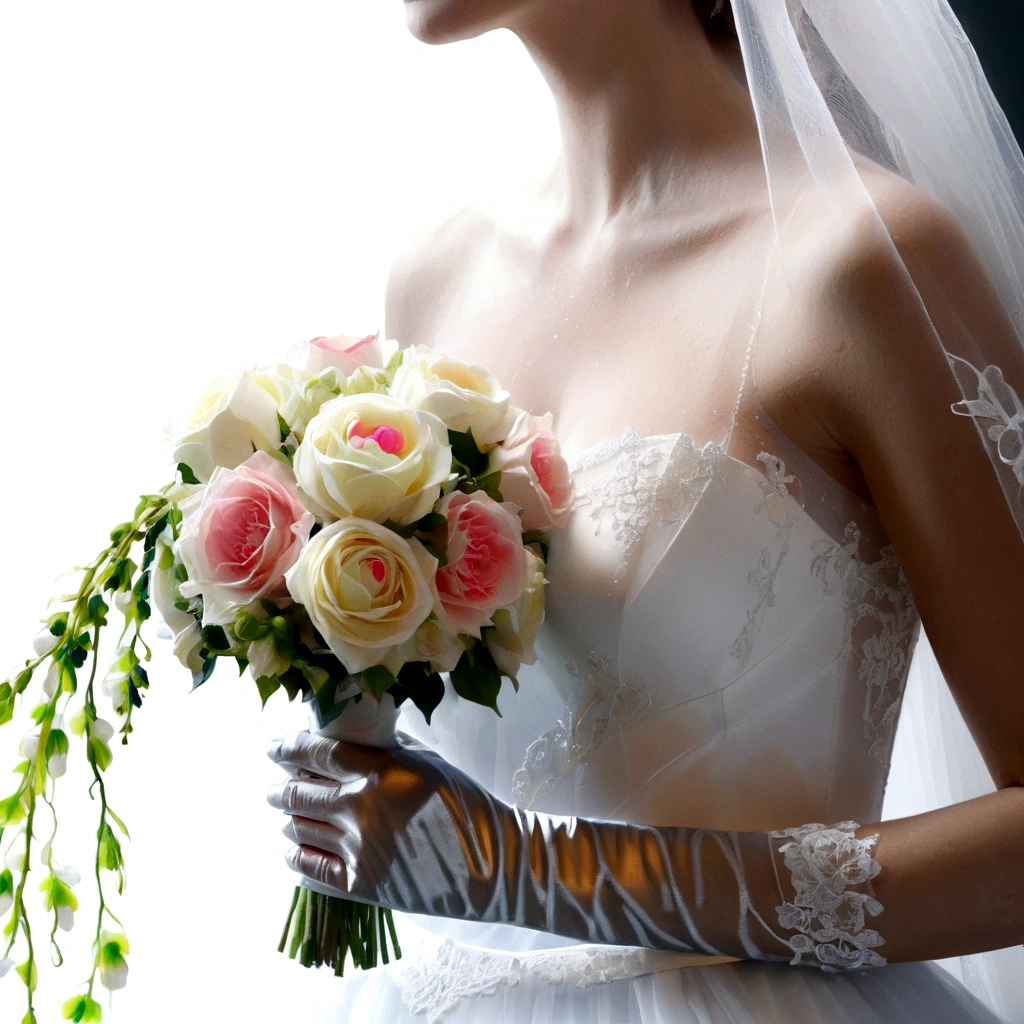 cinematographic style, cinematography, veil, Bride with bouquet, wearing a pristine white wedding dress, ((close up)), raytraced, highlight, (best quality,4k,8k,highres,masterpiece:1.2),ultra-detailed,(realistic,photorealistic,photo-realistic:1.37),UHD, HDR, studio lighting,ultra-fine painting,sharp focus,physically-based rendering,extreme detail description,professional,vivid colors,bokeh, film grain