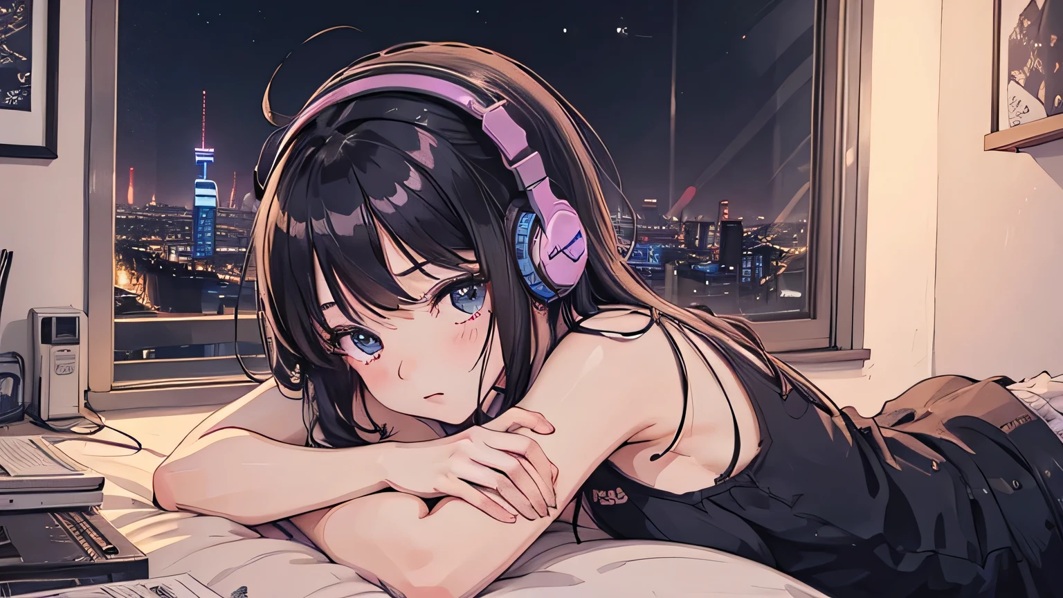 1 Girl, 90s anime style, night, Studio Room, 都会のnight景、Girl wearing headphones, late night room, Listening to music alone, City Pop, high quality, Detailed finger shapes、Natural finger shape、Lo-Fi, Chill, late night, Single room, Dark Room, futuristic night view outside the window, Dark Room