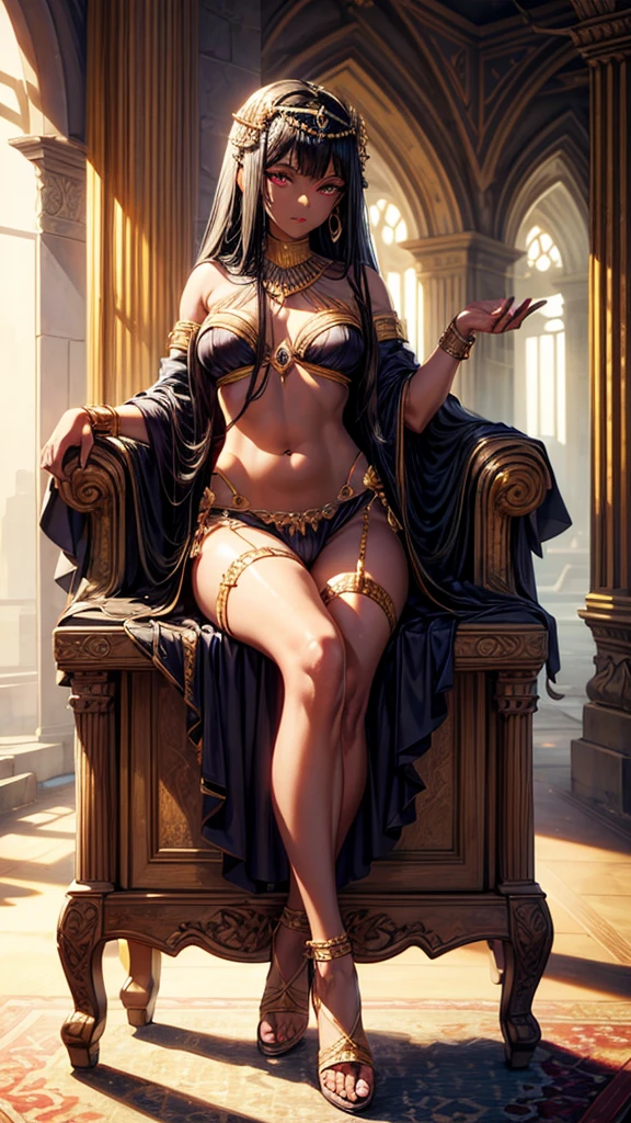 masterpiece, 最high quality, high quality, High resolution, high quality texture, high quality shadow, High Detail, Beautiful details, Detailed, Extremely detailed CG, Detailedテクスチャー, a Realistic representation of the face, Realistic, colorful , delicate, Cinematic Light, Side light, Lens flare, Ray Tracing,tailed beautiful delicate face, detailed beautiful delicate eyes, Cleopatra Egyptian Punk (((dark skin))) cameltoe pyramid palace castle sitting cross-legged on the throne wine in hand