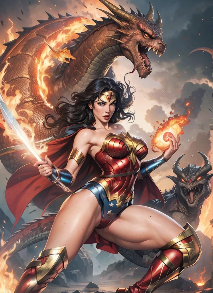 Wonder Woman defeats the dragon,Octopus tentacles,The dragon head bites Wonder Woman's leg,Wonder Woman holding a sword,dragon eyes,a girl, Gal Gadot plays Wonder Woman, sexy body, nipple,Areola,Camel toes are clear,Beautiful face,A charming smile,Lively expressions,,seduce。huge breasts, Huge ass, plump body, sexy bra, sexy thong, Background horror、Magic high quality paintings