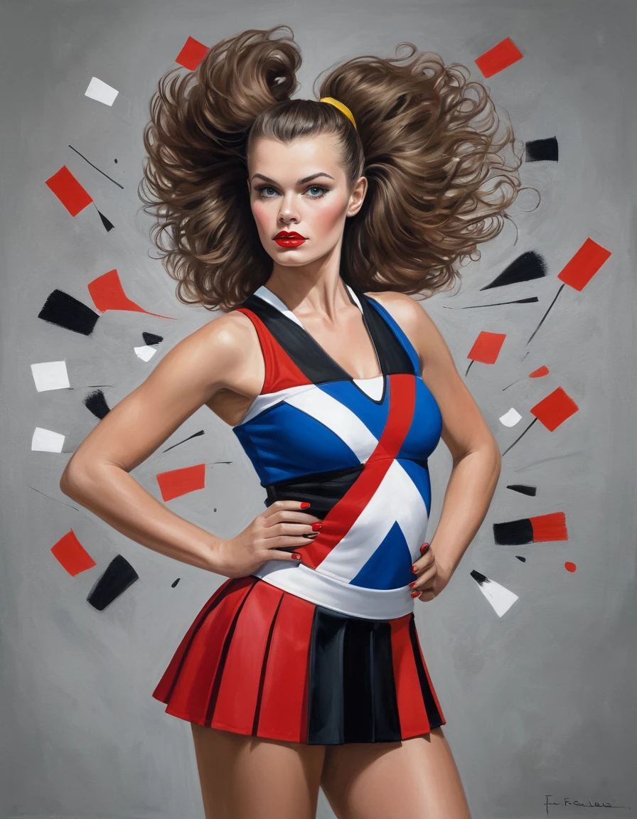 Harold Cazneau, difficult, color splash, conceptual art, Rule of thirds, Mystical big guy (girl:1.1) , she is wearing a fashionable De Stijl cheerleading uniform., Francine Van Hove, Expressive brush strokes, Drawing, Gouache art, portrait art by Jakub Rebelka