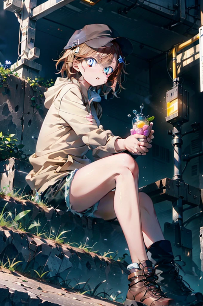 Mycotrose, Brown eyes,Brown Hair,short hair,Small breasts,Oversized black hoodie,Baseball hats,Shorts,boots,Both hands are in the pockets of the hoodie,Blowing bubble gum,Sitting on the stairs,night,moonlight,whole bodyがイラストに入るように,　　　　　　　　　　　　　　　　　 　　　break looking at viewer, whole body,　　　 　　　　　　break outdoors, Building district,　　　　　　　　　　　　　　　　　　break (masterpiece:1.2), Highest quality, High resolution, unity 8k wallpaper, (shape:0.8), (Beautiful and beautiful eyes:1.6), Highly detailed face, Perfect lighting, Highly detailed CG, (Perfect hands, Perfect Anatomy),