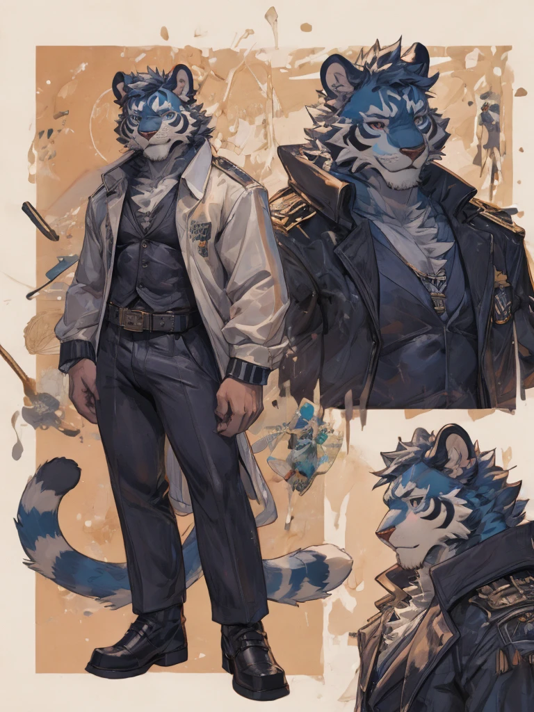 {{bara extremely handsome white tiger,}} {{white fur,}} white, wearing elegant ornate suit jacket, trousers, white dress shirt and necktie, white fluffy furry body and limbs, loafers, very tall, very broad shoulders, narrow waist, muscular arms, massive pecs, purple eyes, very long legs, massive bulge, sophisticated hot look, full body, 3/4 view, best quality, high quality, silver earring on left ear, sultry smirk, multiple views, character sheet