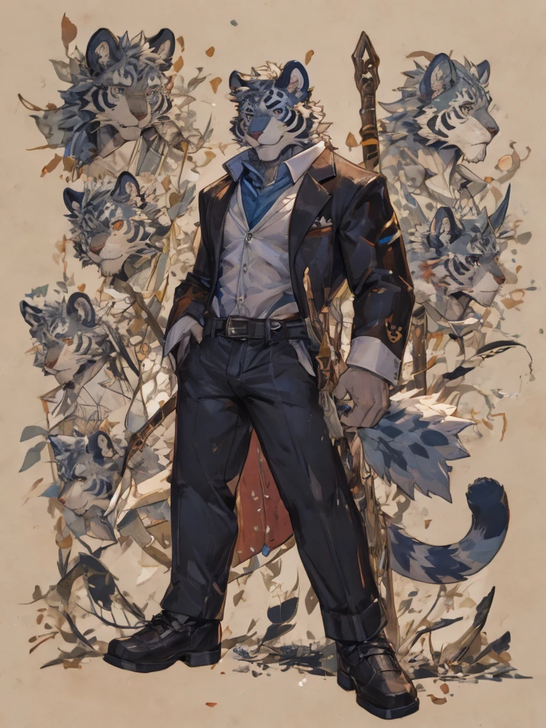 {{bara extremely handsome white tiger,}} {{white fur,}} white, wearing elegant ornate suit jacket, trousers, white dress shirt and necktie, white fluffy furry body and limbs, loafers, very tall, very broad shoulders, narrow waist, muscular arms, massive pecs, purple eyes, very long legs, massive bulge, sophisticated hot look, full body, 3/4 view, best quality, high quality, silver earring on left ear, sultry smirk, multiple views, character sheet