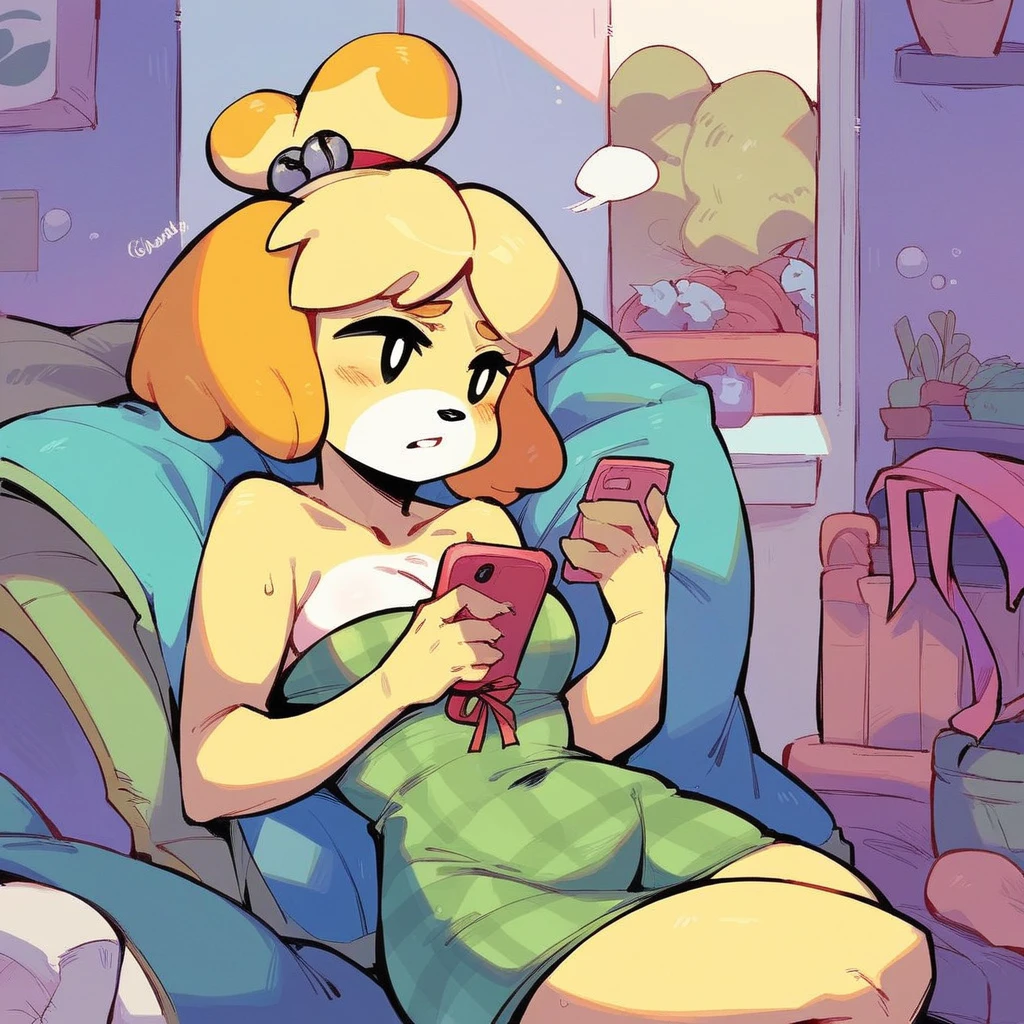 score_9_presence, score_8_up, isabelle, animal crossing, wrapped in towel, medium breasts, holding phone