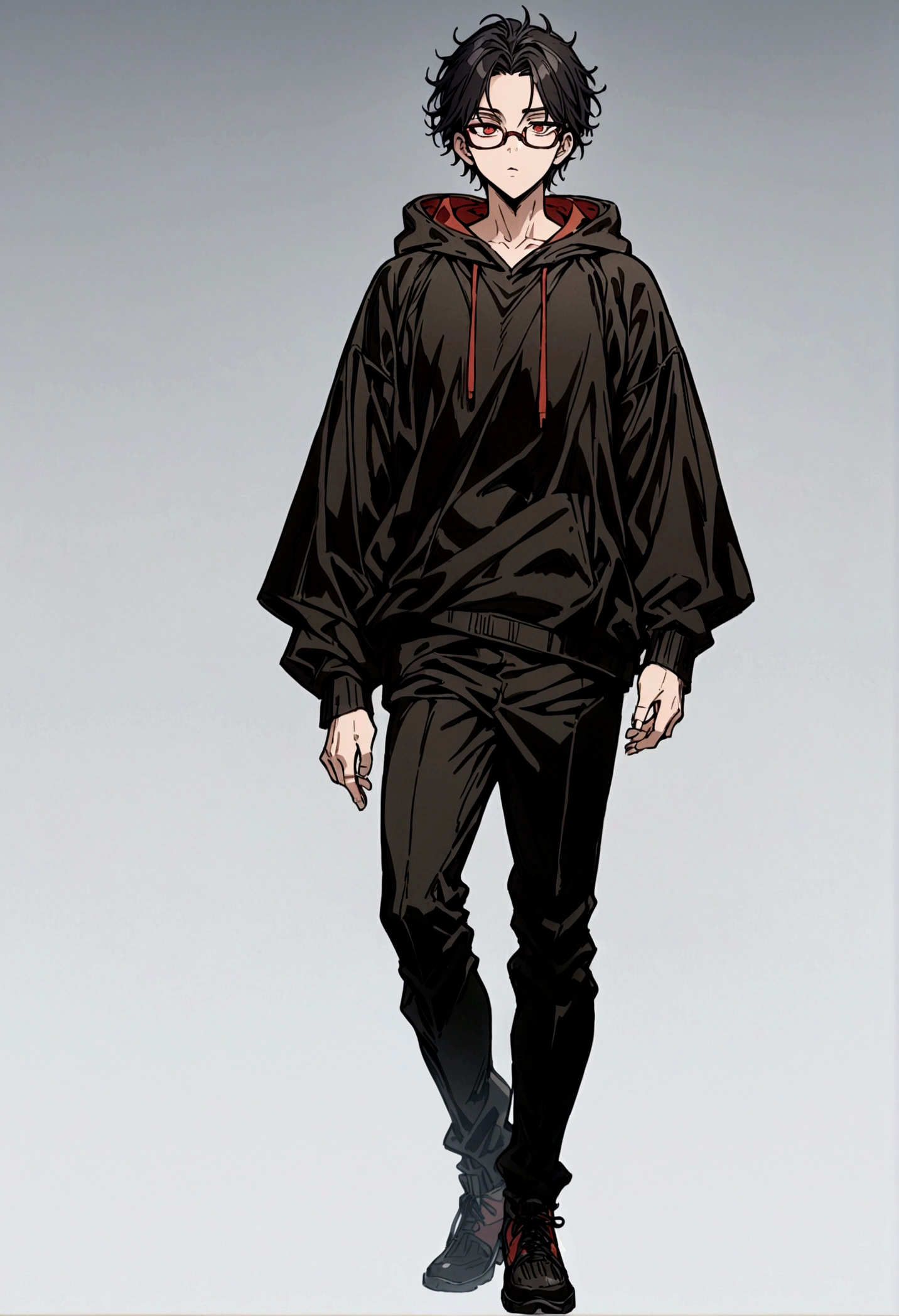 fullbody,masterpiece,standing,black hoodie,black black short hair,red eyes,adult,1boy,solo,glasses,white background,standing straight,fullbody,parted bangs