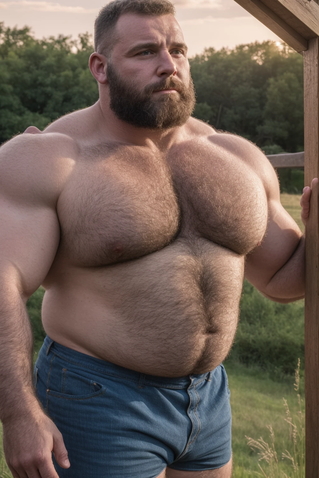 8KUHD Very HIGH RESOLUTION HDR Very Extremely Realistic Very Detailed High Quality 8K HDR Very Realistic photograph featuring a middle-aged daddy rugged bodybuilder muscle bears man, 8K very realistic detailed hairy, 8K very realistic beared big daddy muscle bear,  and 8K very realistic detailed rugged burly man in shorts. 8K Very Realistic detailed shorts, 8K very realistic hair, 8K very realistic beards, 8K very realistic thick chubby fat neck, 8Kvery realistic neck lines, 8K very realistic detailed neck, 8K very realistic belly, 8K very realistic burly chest, 8K very realistic detailed hairy burly strong chest and arms, 8K very realistic detailed hairy burly strong chest and arms, 8K very realistic pecs, 8K very realistic burly muscle bear body, 8K very realistic nipples, 8K very realistic burly muscle bear body, 8K very realistic face, 8K very realistic detailed face, 8K very realistic eyes, 8K very realistic detailed eyes, 8K very realistic pupils, 8K very realistic detailed pupils, 8K very realistic head, 8K very realistic waist, 8K very realistic facial features, 8K very realistic burly arms, 8K very realistic elbows, 8K very realistic hands, 8K very realistic pecs, 8K very realistic belly, 8K very realistic human man body, 8K very realistic bellybutton, 8K very realistic wrists, 8K very realistic fingers, 8K very realistic fingernails, 8K very realistic shoulders, 8K very realistic mouth, 8K very realistic lips, 8K very realistic mens clothing, 8K very realistic detailed mens clothing. 8K HDR Very Realistic Hairy Bearded Burly Muscle bear Photoshoot, 8K A very realistic burly muscle bear man in a Farm,  8K HDR Very Realistic Intricately Detailed, 8K HDR very realistic detailed Farm surroundings, 8K HDR very realistic surroundings lighting, No Deformities, captured with a 85mm lens, 8K HDR Very Ultra Realistic and 8K HDR Very Realistic Photograph, 8K HDR Clear HDR Quality full with very realistic real details 