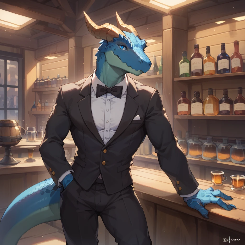 （Young Lizardman、Bar Master）Blue body、Tuxedo suit、Narrowed Eyes Smile、A toned, mechanical body、Two horns、Sparkling blue eyes、Dark Tavern、Inside the store、cool、front