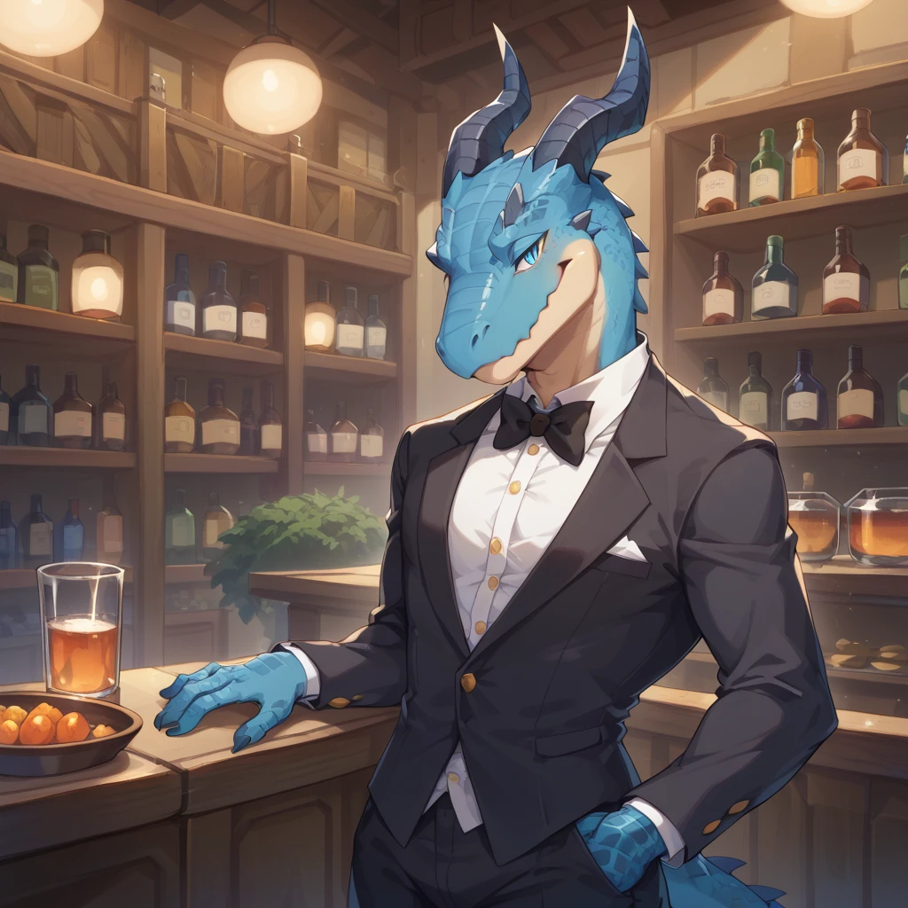 (Young Lizardman、Bar Master)Blue body、Tuxedo suit、Narrowed Eyes Smile、A toned, mechanical body、Two horns、Sparkling blue eyes、Dark Tavern、Inside the store、cool、front
