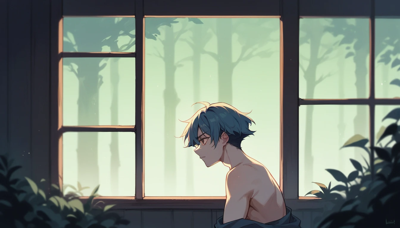 side view of a full open vertical window in a dark room at night and outside in a very dark and misty blurry forest