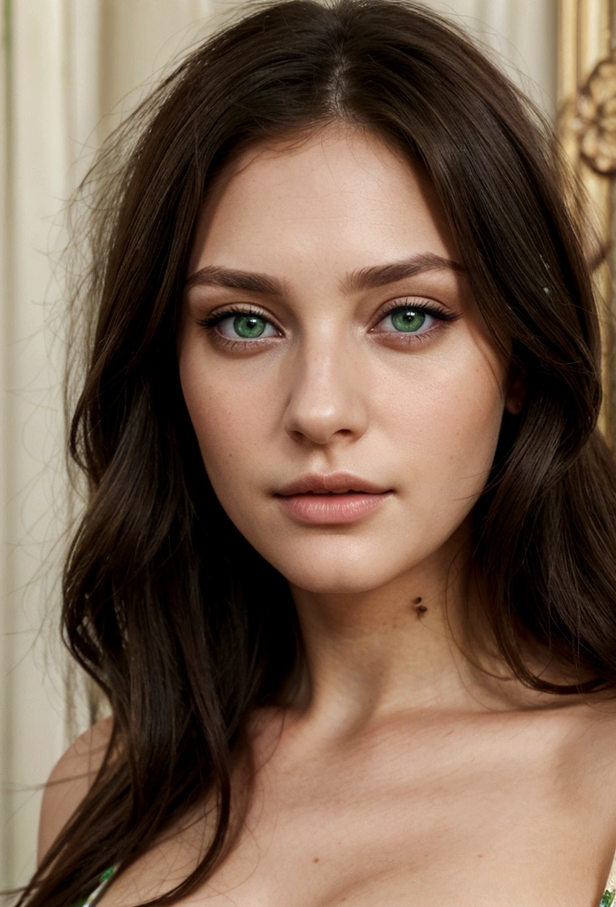hyper realistic, beautiful lady, brunette hair, dark green eyes, portrait