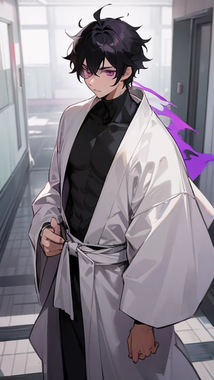 1male , black hair , purple eyes , messy hair , white kimono , ninja clothing , young boy , White Turtleneck , school corridors Background , standing in corridor, Masterpiece Quality , Perfect Quality