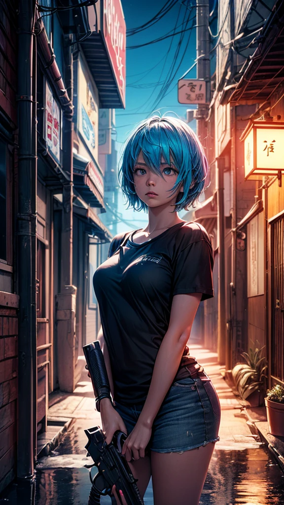 photograph, (Realistic: 1.4), (Surreal: 1.4), (Cinematic: 1.5), 20-year-old women, Japan, Woman with a gun, (Desert Eagle), Nikita, night, Cyan Light, tension, short hair, Holding a gun in both hands, underground, Black T-shirt, Electrical cord on the wall, water pipe