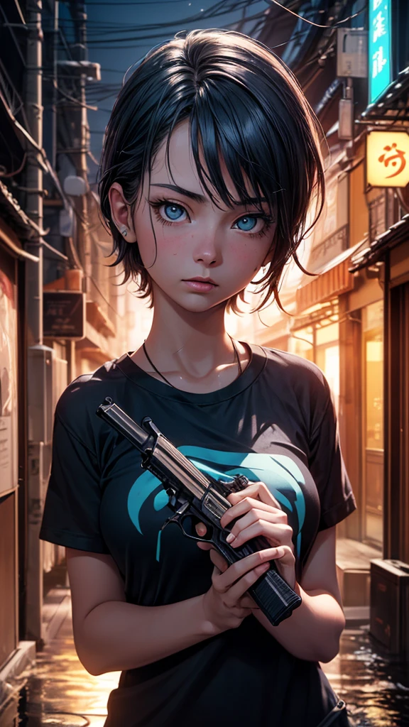 photograph, (Realistic: 1.4), (Surreal: 1.4), (Cinematic: 1.5), 20-year-old women, Japan, Woman with a gun, (Desert Eagle), Nikita, night, Cyan Light, tension, short hair, Holding a gun in both hands, underground, Black T-shirt, Electrical cord on the wall, water pipe