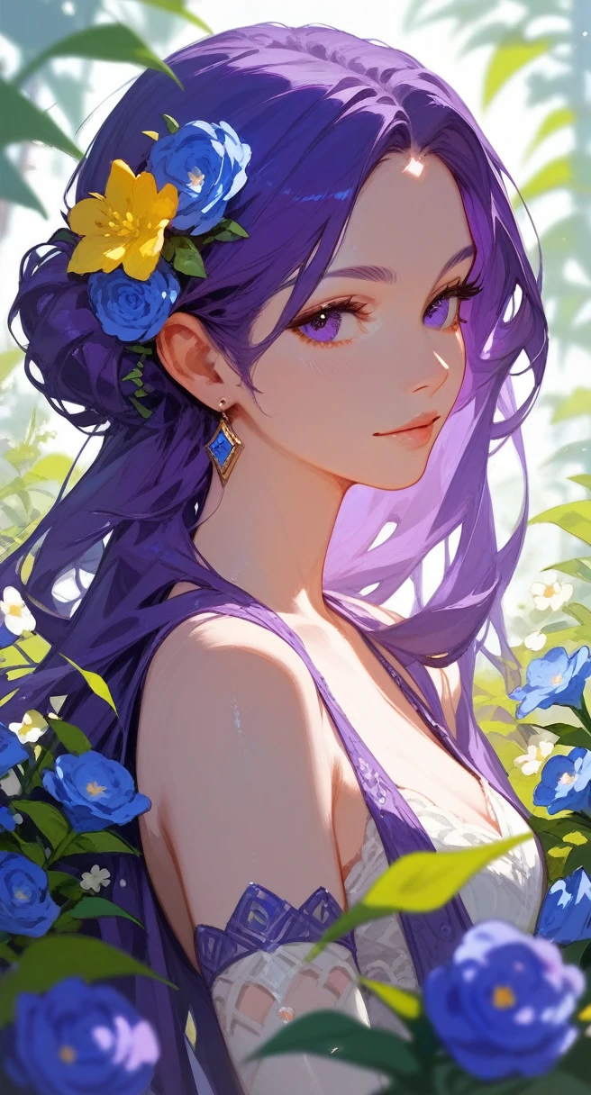 1girl, beautiful face, purple hair, flowers