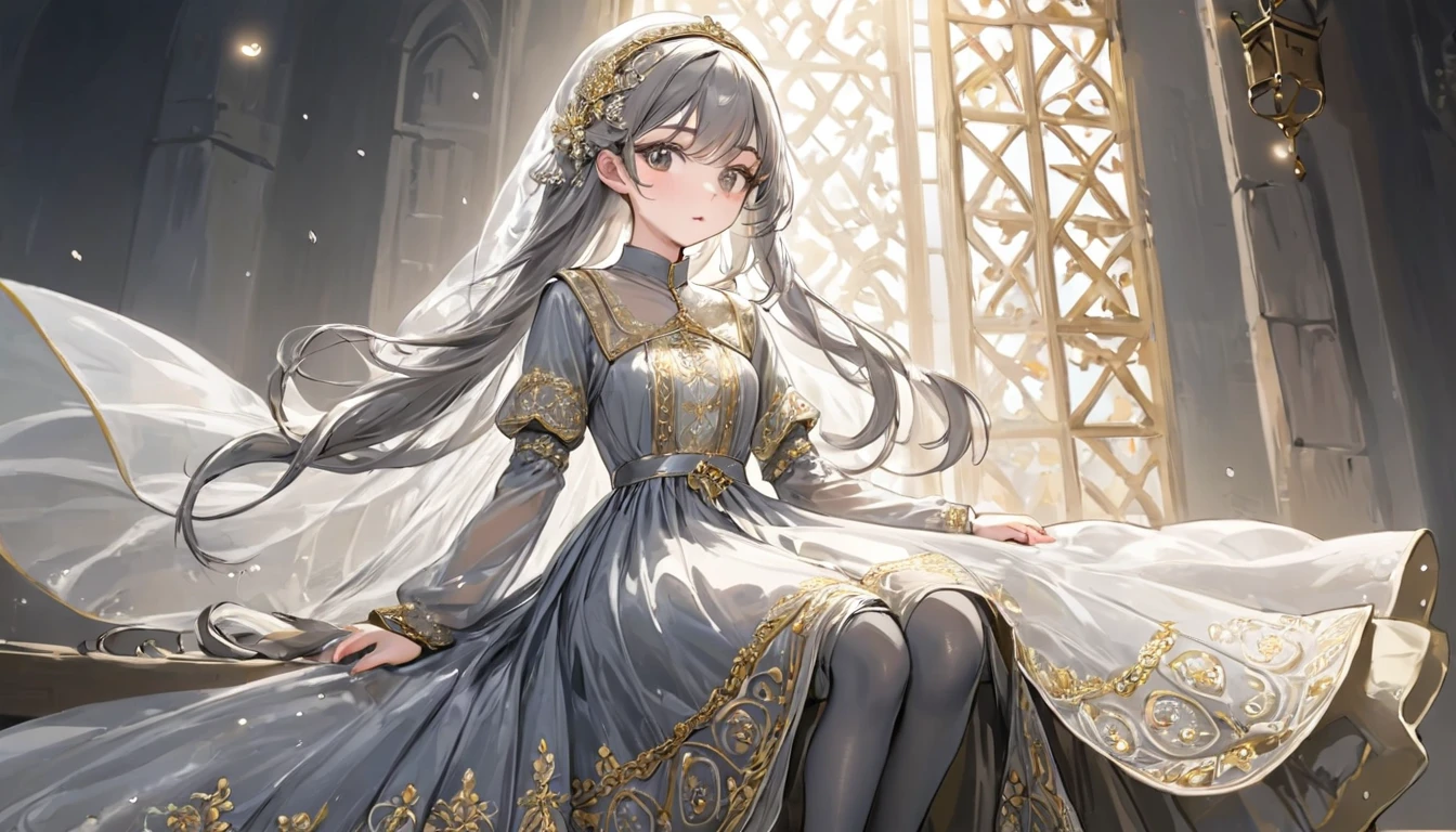 girl, Gold and silver embroidery, White-gray pearl medieval long dress（With panniers）, Translucent fabric, Pull up the dress by hand, Strong winds, Translucent slip, Grey translucent tights, Peeking from below, Highest quality, Disorder of clothing, sit