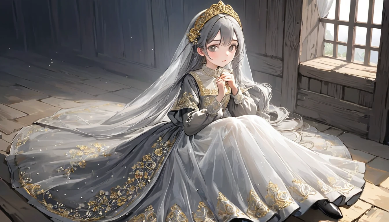 girl, Gold and silver embroidery, White-gray pearl medieval long dress（With panniers）, Translucent fabric, Pull up the dress by hand, Strong winds, Translucent slip, Grey translucent tights, Peeking from below, Highest quality, Disorder of clothing, sit