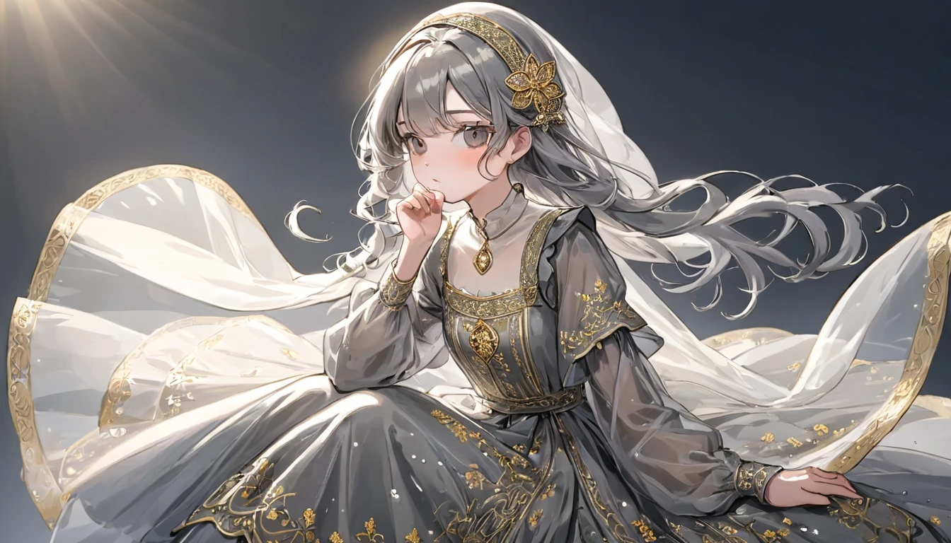 girl, Gold and silver embroidery, White-gray pearl medieval long dress（With panniers）, Translucent fabric, Pull up the dress by hand, Strong winds, Translucent slip, Grey translucent tights, Peeking from below, Highest quality, Disorder of clothing, sit