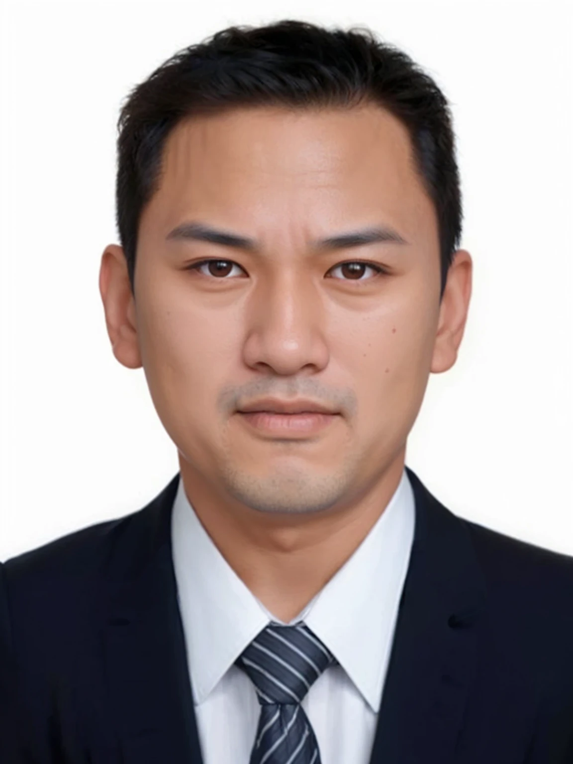 a realistic headshot of an asian man with a round face and short, dark hair. The man has a serious expression with wide-open eyes and closed lips. He is wearing a dark suit (black or navy), a white dress shirt with a stiff collar buttoned up, and a dark blue tie with diagonal white stripes. The background should be plain and light-colored, ensuring the focus remains on the man's face and attire