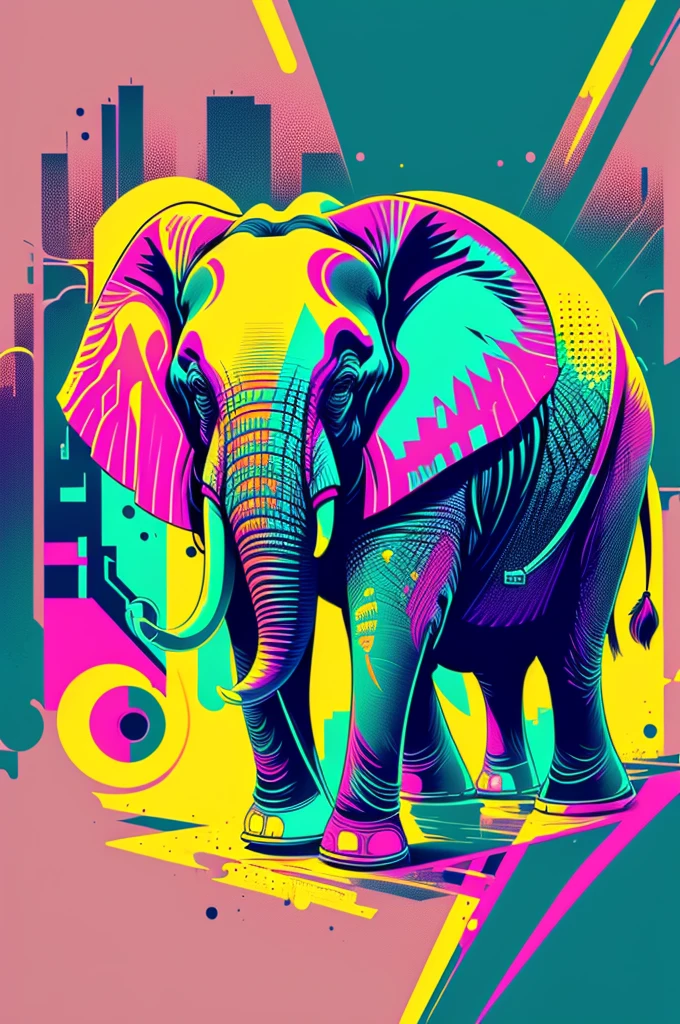 Ready to print vector t-shirt art colorful graffiti illustration of an elephant, futuristic cyberpunk city background, realistic image style, image on white background, centralized