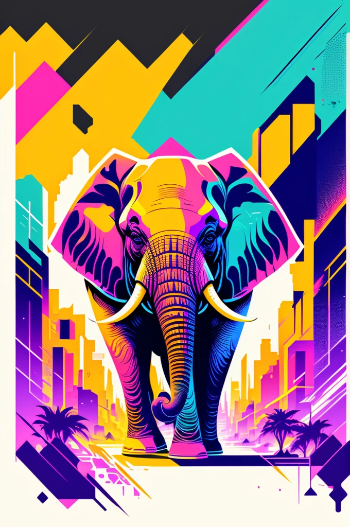 Ready to print vector t-shirt art colorful graffiti illustration of an elephant, futuristic cyberpunk city background, realistic image style, image on white background, centralized