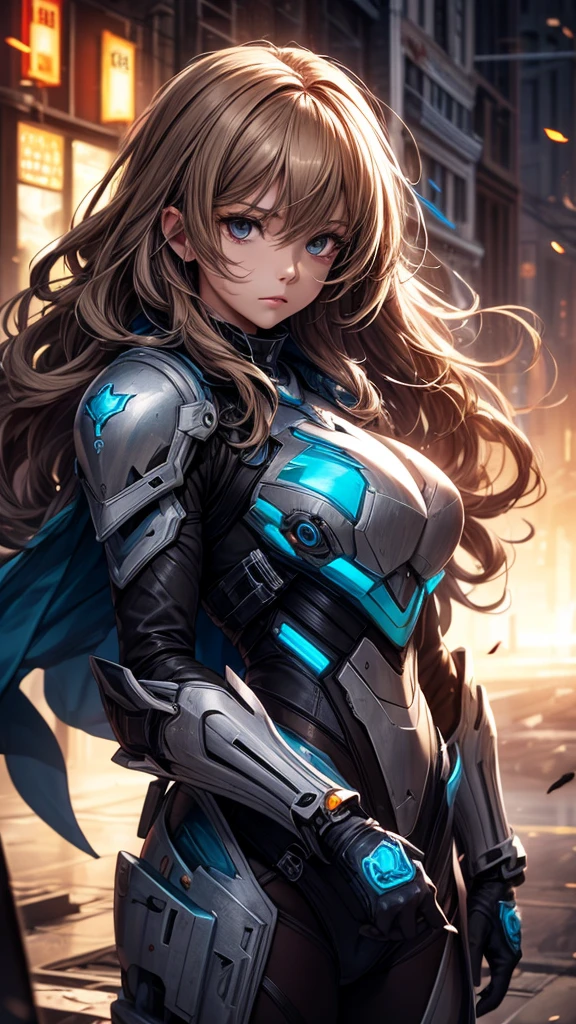 Big black eyes, aura, long wavy hair of light brown color,, Black and blue sci-fi armor, SF wind, high quality, atmosphere, war