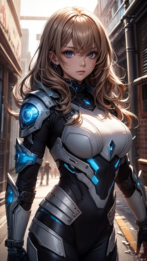 big black eyes, aura, Long wavy light brown hair, Black and blue sci-fi armor, sci-fi style, high quality, atmosphere, war, girl, big breasts, 